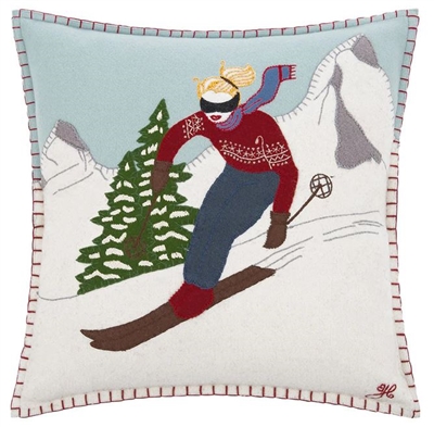 Jan Constantine Alpine Skier Girl Christmas Pillow Petoskey